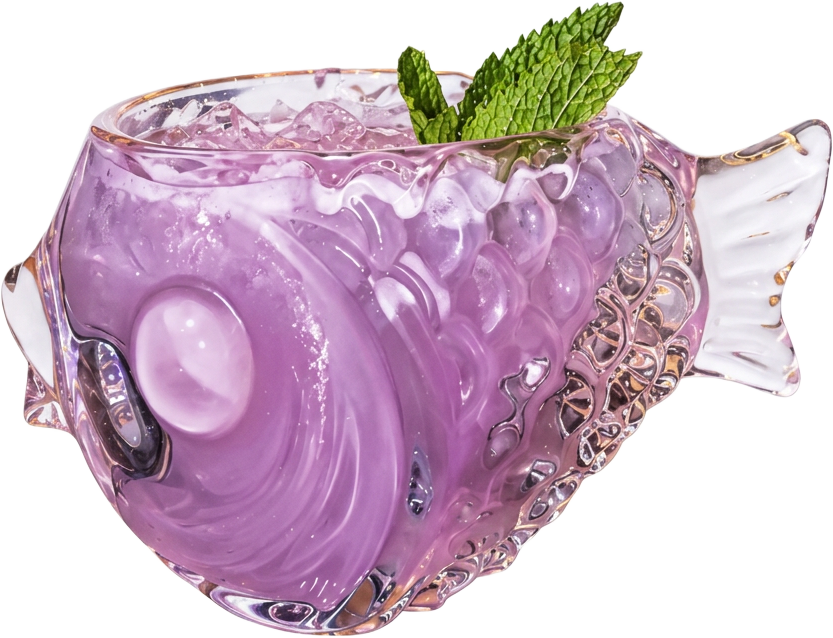 A lavender cocktail in a fish-shaped glass with crushed ice and a sprig of mint.